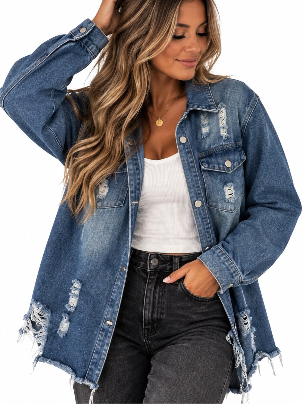 Unbranded Women’s Distressed Blue Denim Jean Jacket - Oversized Casual Coat